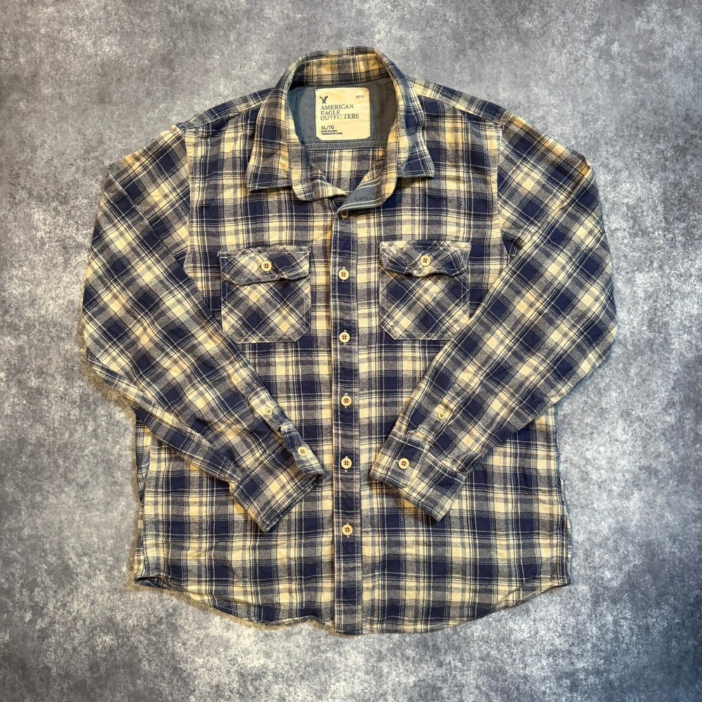 American Eagle Outfitters Mens XL Blue Cream Plaid Flannel Button Up Shirt No 77
